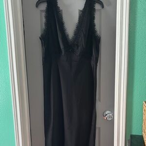 Express Black Satin V-Neck Lace Trim Slip Dress